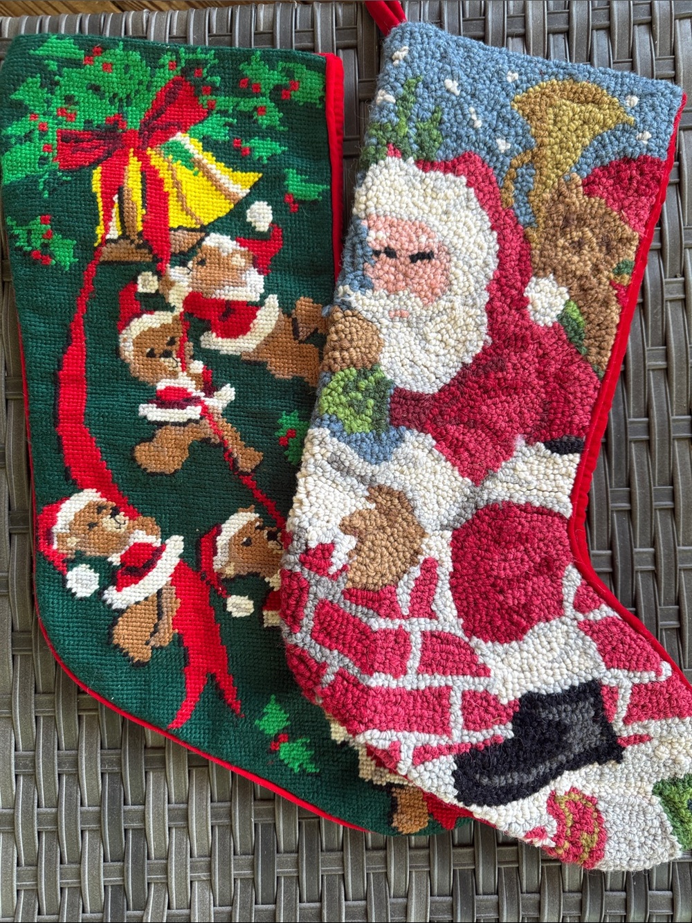 Vtg Handmade Hooked Christmas Stockings - Santa & Teddy Designs